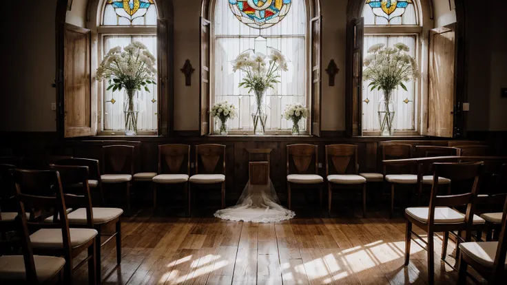 church，wedding，nobody，warm light，Wooden chairs，white flower，glass window，Feeling，Better quality