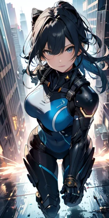 city， High resolution, (masterpiece:1.4), very detailed, 1 girl, From above, space, running, killing city combat suit, sharp focus, (cinematic lighting), (1 girl), slight smile，5 fingers on each hand are highly detailed，