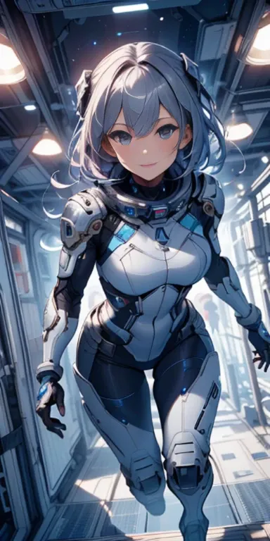 city， High resolution, (masterpiece:1.4), very detailed, 1 girl, From above, space, running, Silver Killing City Combat Suit, sharp focus, (cinematic lighting), (1 girl), slight smile，5 fingers on each hand are highly detailed，