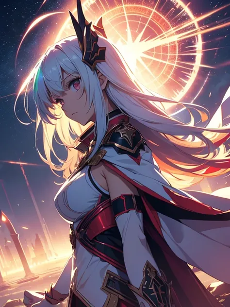 as yuuki, With two swords, White combat uniform, star Alicezation, Red strokes that simulate the speed of the character, battle mode, (surreal), {Highly detailed 8k CG unit wallpaper}, vast landscape photography, (A central view that prioritizes the entire...