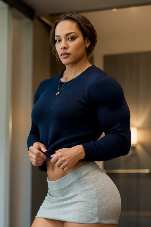 Marion jones,, Liz cambage. Generate a full length fashion portrait of a heavily muscled iff pro female bodybuilder , her makeup, hair, she is dressed in a tight fluffy woolen sweater, tight miniskirt, white knee high socks, lighting, environment