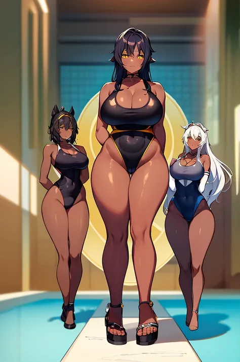 1girl, dark skin, dark-skinned female, one-piece swimsuit, competition swimsuit, white hair, yellow eyes, from behind, ass, smile, large breasts, wide hips, thick thighs, pool, black swimsuit, white trim, full body, ((full body))