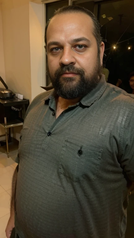 foto realista, homem fotinho de 45 anos, barba curta, cabelo curto, cabelos militares, olhos verdes, pele branca, Long black button-down shirt,  big and fat physique, serious guy, Arabic appearance, Copos de cerveja. Carne assada. Mesa de madeira. at night...