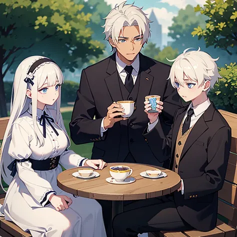 Girl giving tea to a boy with white hair and blue eyes 