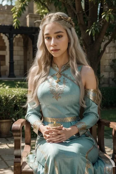 targaryen woman,beautiful, palace life,kind,gorgeous dress,tall,long hair, silver hair, sparkling green eyes,royal emblem,medieval architecture,lush gardens,serene ambiance,warm sunlight,regal atmosphere,peaceful surroundings,tranquil setting,elegant decor...