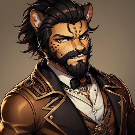 Cheetah-human, cheetah head, cheetah face, male, hair, black hair, steampunk clothes, antro, solo, non-human, hair, beard, steampunk, younger.