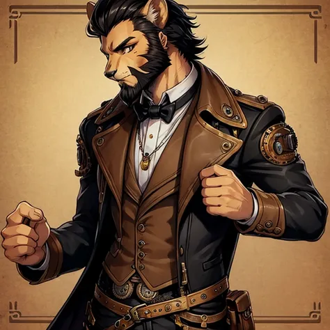 cheetah-human, cheetah head, cheetah face, male, hair, black hair, steampunk clothes, antro, solo, non-human, hair, beard, steam...