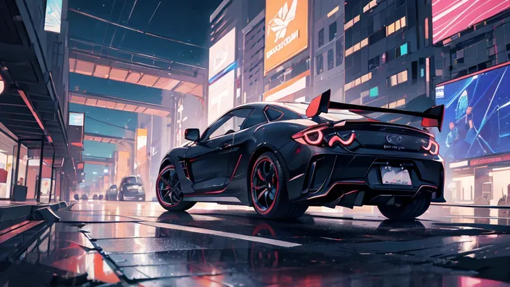 (black supercar, car racing), (cyberpunk city, seaside, blue neon, starry sky), (8k, extremaly detailed, lighting like a movie, lense flares)