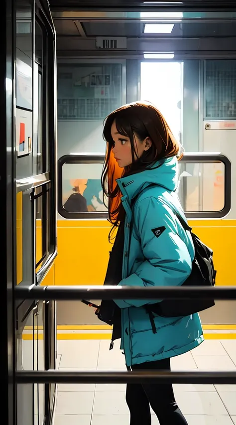 Enjoy the scenery through the glass window in front of the door where you get off the train., nostalgic melancholic artwork, Woman looking at the scenery outside the window in front of the subway door,man looking at woman,vivid colors, soft focus, Light le...