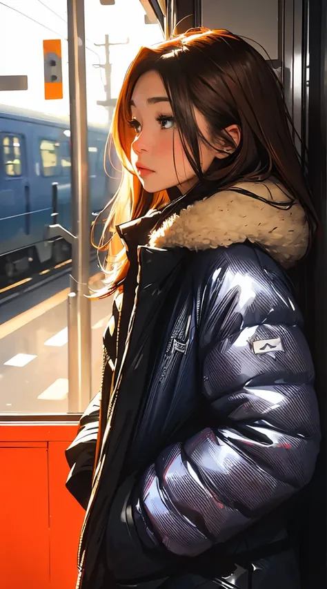 Enjoy the scenery through the glass window in front of the door where you get off the train., nostalgic melancholic artwork, Woman looking at the scenery outside the window in front of the subway door,man looking at woman,vivid colors, soft focus, Light le...