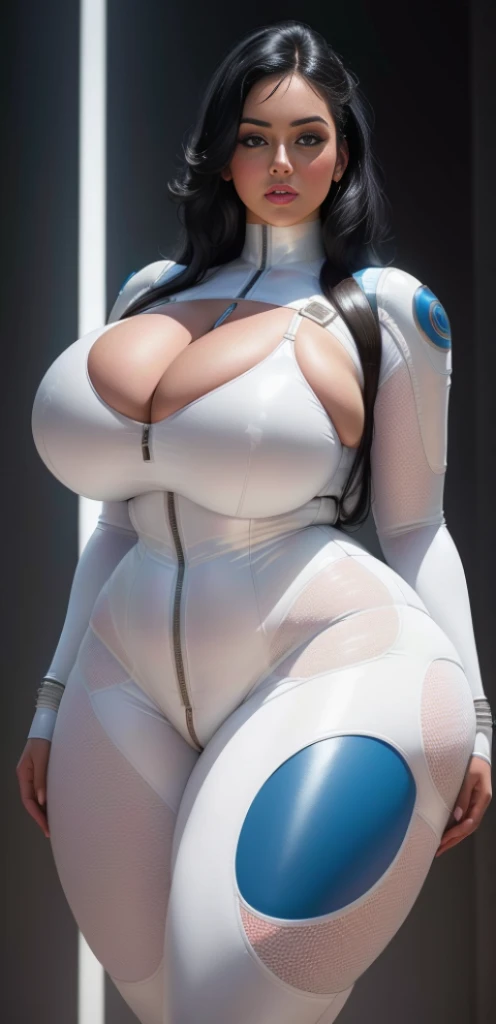 "An ultra-detailed 8k masterpiece of better quality and high saturation well focused. The image features an outfit illustration featuring a stunning plus size European woman wearing a super tight sexy white LEATHER BODYSUIT, including a blue background, lo...