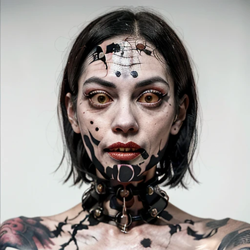 An image of a woman with a creepy face and a collar, inspired by Junji Ito, junji ito style, art style of junji ito, in style of junji ito, ito junji art, style of junji ito, subtle junji ito, kaethe butcher, inspired by Hannah Frank, fleshy - cyborg - zom...