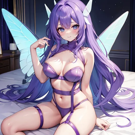 Purple hair, blue eyes, large breasts, sexy, beautiful body, masterpiece, bedroom, blue lingerie, blue underwear, blue bra, smile, butterfly wings 