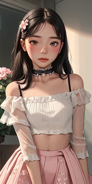 (highest quality, masterpiece), 1 girl, intricate details, off shoulder, skirt, choker, frills, See-through, looking at the viewer, blush, Upper body, blurred background, Floral, contrasting、whole body, skirt hold, focus on chest