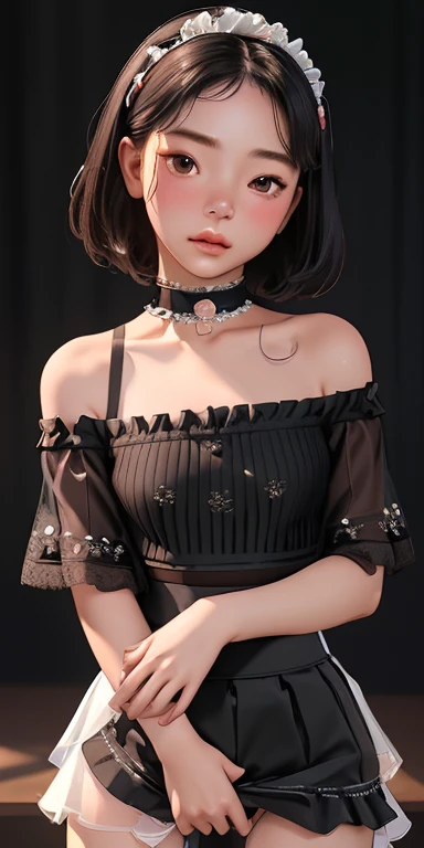 (highest quality, masterpiece), 1 girl, intricate details, off shoulder, skirt, choker, frills, See-through, looking at the viewer, blush, nsfw, blurred background, Floral, contrasting、whole body, skirt hold, focus on chest