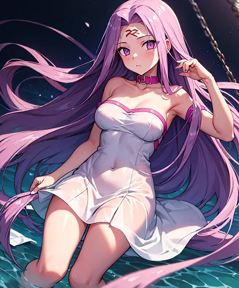 1girl, best quality, masterpiece, high resolution, solo, {white dress:1.40}, {short dress:1.20}, {medusa_fgo:1.15}, long_hair, purple_hair, very_long_hair, purple_eyes, breasts, big_breasts