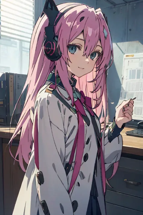 Beautiful illustration, best quality, Cute high school student pink long hair anime girl wearing headphones 