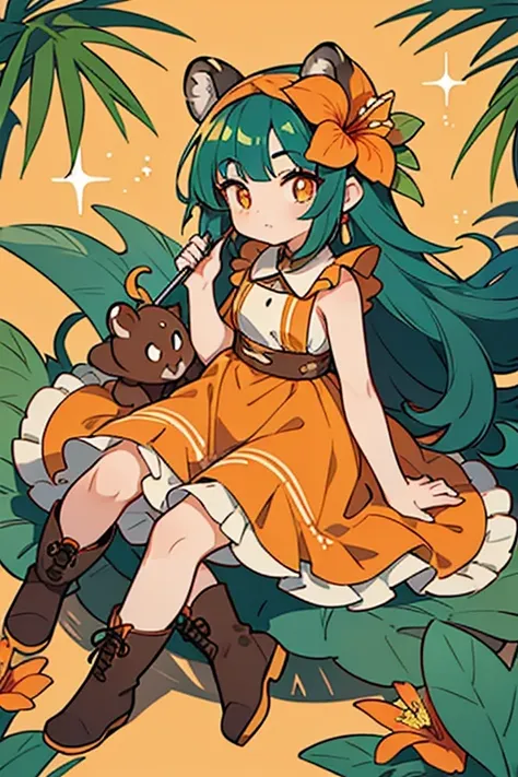 Tiger Lily Cookie has exceedingly long teal hair that sits in a pile at her feet. Her bangs are parted in the middle, and she has wide eyes with thin orange-brown pupils and a single eyelash on each eye. She wears an orange hibiscus accessory on her head t...