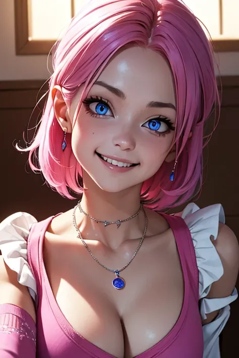 (absurdres, 8k, 4k, masterpiece, hyper extreme detailed:1.2) crazy face of women, eyes blue, expressive eyes, looking at viewer, long sleeves, necklace, crazy face, crazy eyes, crazy smile, short pink hair, pretty face, latina facial features, medium breas...