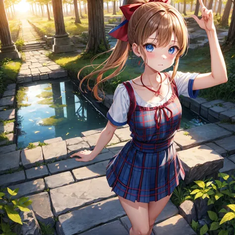 reddish-brown blonde、blue hair、blue eyes、ponytail、one good looking girl、solo、anime、Plaid miniskirt、camisole、black t-shirt、Tilting your face、Doing the ribbon、Ribbon at waist、sunset sky、broken stone steps、ruins、tunnel、Fallen leaves、light and feet up、column、s...