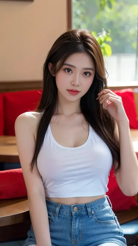 （realisticlying， A high resolution：1.3）， 1 girl with a perfect body， Super fine face and eyes，long whitr hair， Tank top of random colors：1.2， short jeans pants， in a cafe， Coffee on the table， huge tit，