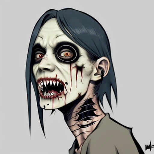 An image of a zombie witch with a creepy face, angry, wide numb eyes, scary open mouth, big sharp teeth with dripping blood and an occult tattoo on the neck, inspired by Junji Ito, junji ito style, art style of junji ito, in style of junji ito, ito junji a...