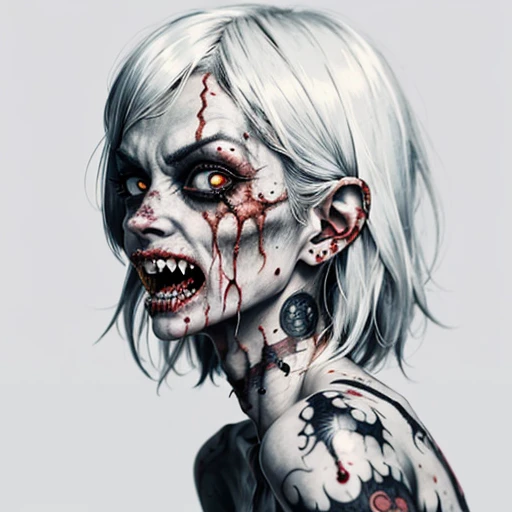 An image of a zombie witch with a creepy face, angry, wide numb eyes, scary open mouth, big sharp teeth with dripping blood and an occult tattoo on the neck, inspired by Junji Ito, junji ito style, art style of junji ito, in style of junji ito, ito junji a...