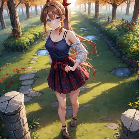 reddish-brown blonde、blue hair、blue eyes、ponytail、one good looking girl、solo、anime、Plaid miniskirt、camisole、black t-shirt、Clothes are torn、Tilting your face、Doing the ribbon、Ribbon at waist、sunset sky、broken stone steps、ruins、tunnel、Fallen leaves、light and...