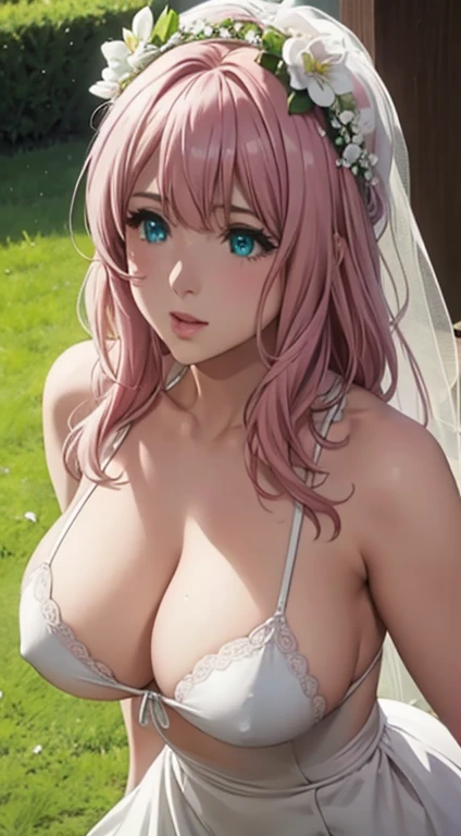 Very Cute girl, massive sized breasts, half naked ,ultra realistic eyes, (very tight plain white micro bikini, wedding veil, white flower wedding crown),full body ,garden outside, pink colour hair, bright green eyes, ultra realistic detailed eyes, innocent...