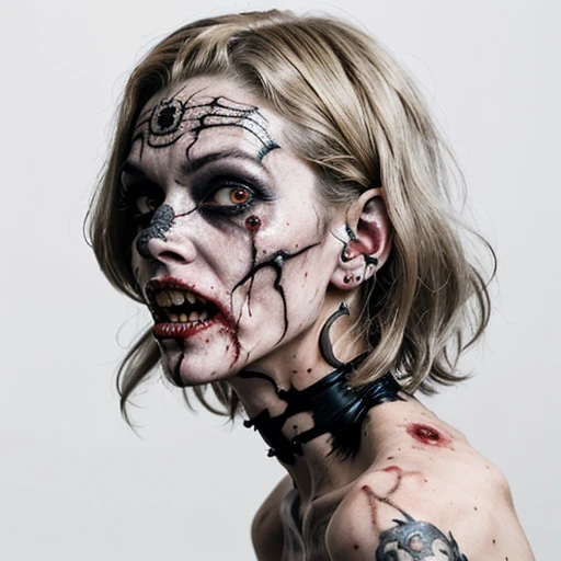 An image of a zombie witch with a creepy face, angry, wide numb eyes, scary open mouth, big sharp teeth with dripping blood and an occult tattoo on the neck, inspired by Junji Ito, junji ito style, art style of junji ito, in style of junji ito, ito junji a...