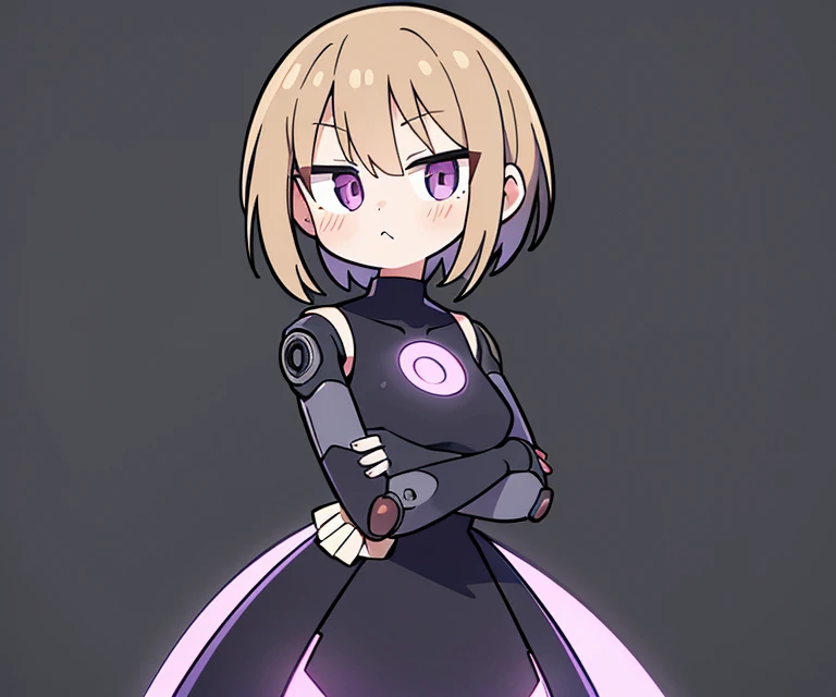 1girl, android, cyborg, mechanical body, doll joints, (pout:0.8), crossed arms, dress, simple background, solo