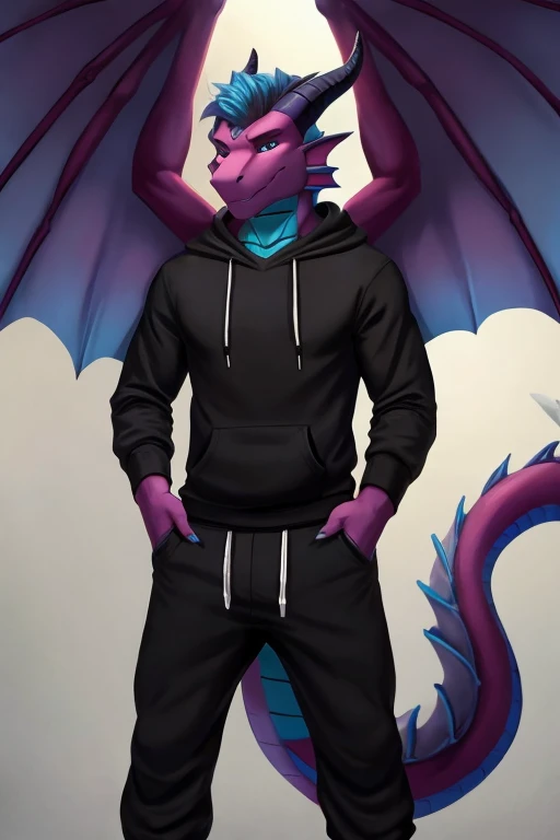 anthro dragon with wings and sacles and tail, male, wearing black hoodie, black sweatpants