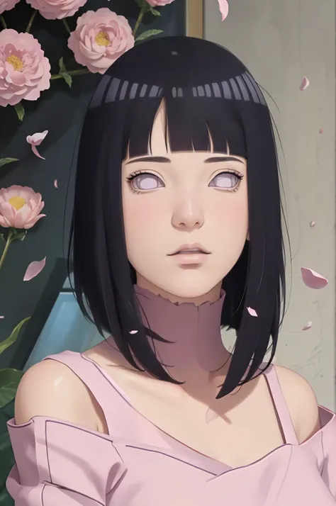 masterpiece, absurdres, hinata(boruto), 1girl, solo,mature female, off-shoulder lace shirt, While looking at the camera, (falling petals), perfect composition, detailed lips, big breast, beautiful face, body propotion, blush, (pink lips), long hair,  purpl...