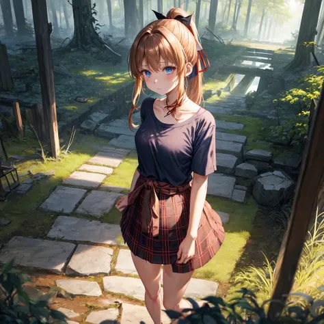 reddish-brown blonde、blue hair、blue eyes、ponytail、one good looking girl、solo、anime、Plaid miniskirt、camisole、black t-shirt、Clothes are torn、Tilting your face、Doing the ribbon、Ribbon at waist、sunset sky、broken stone steps、ruins、tunnel、Fallen leaves、Light and...