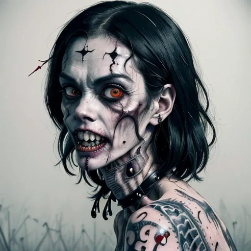 An image of a zombie witch with a creepy face, angry, wide numb eyes, scary open mouth, big sharp teeth with dripping blood and an occult tattoo on the neck, inspired by Junji Ito, junji ito style, art style of junji ito, in style of junji ito, ito junji a...