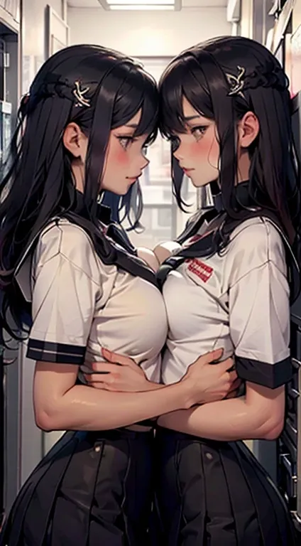 super fine illustration,masterpiece,best quality,ultra detailed,2girls,yuri,look at each other,eye contact,sailor school uniform,short sleeves,breasts press against breasts,large breasts,medium hair,blush,shy,