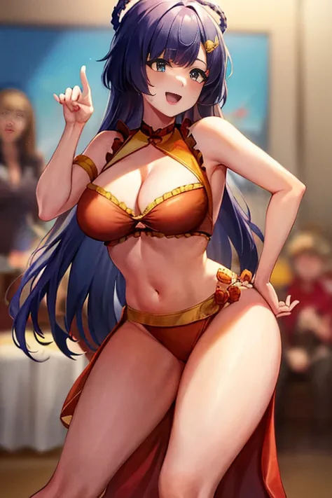 masterpiece, high resolution, best quality, beautiful art, rendered art, well formed hands, body and fingers, 1 woman, solo, Xiangling (30 years old), grown up, adult, big breasted, cleavage, wearing a Mata Hari outfit, sexy and skimpy,arabian outfit, sexy...