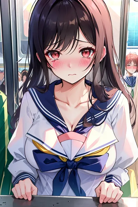 A woman with big ，Gorgeous MILF，clavicle，Sailor suit，exquisite，Intricate details，(blush:1.2)，shed tears，Fear，A subway with lots of people coming and going，