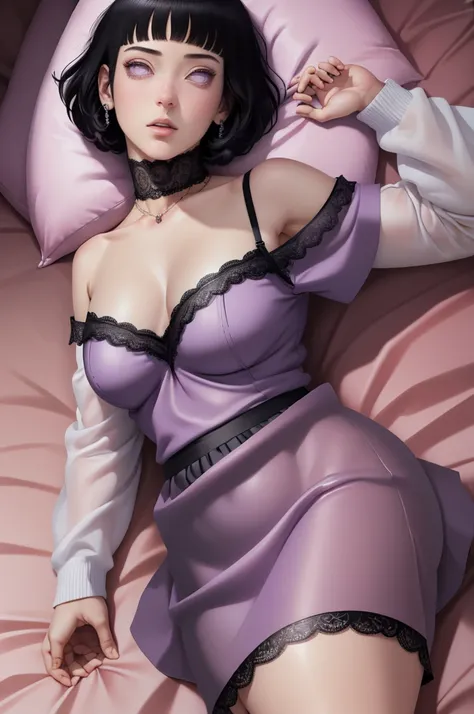 { - anatomy error} (Masterpiece - Ultra-detailed, very high resolution) (huge titusty, masterpiece, absurdres, hinata(boruto), 1girl, solo,mature female, off-shoulder bra, high waist  black short skirt, looking at viewelling petals), perfect composition, d...