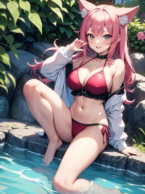 Happy woman, with wolf ears and pink hair, holding her cheeks, wolf tail, wearing a bikini, looking at veiwer, full body