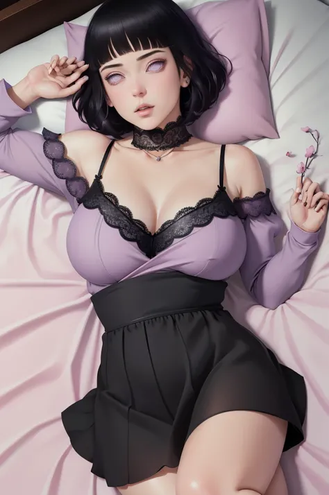 { - anatomy error} (Masterpiece - Ultra-detailed, very high resolution) (huge titusty, masterpiece, absurdres, hinata(boruto), 1girl, solo,mature female, off-shoulder bra, high waist black short skirt, looking at viewelling petals), perfect composition, de...