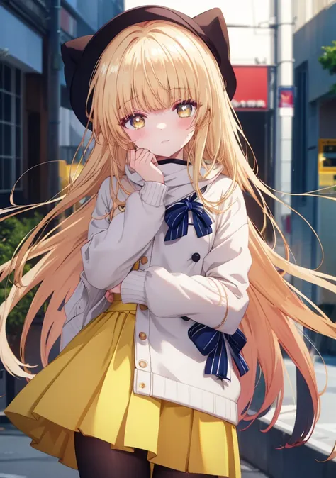 mahirusha, mahiru shiina, bangs, blonde hair, brown hair, (yellow eyes:1.3), blush,smile, cat ear hoodie,mini skirt,black pantyh...