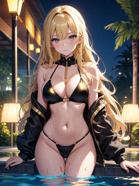 top-quality、Top image quality、​masterpiece、girl with((20yr old、Best Bust、big bast、Bust 85,beautiful golden eyes、Breasts wide open,Blonde long hair、A slender、Large valleys、Gold Bikini Dresses、Shy face、the whole body is wet、wetting hair、lean against the wall...