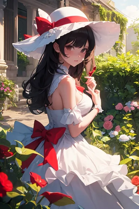 In a picturesque garden bathed in warm sunlight, a woman stands as a beacon of timeless elegance and grace. Her attire is a testament to her impeccable sense of style, and atop her head rests a magnificent white hat adorned with a meticulously crafted red ...