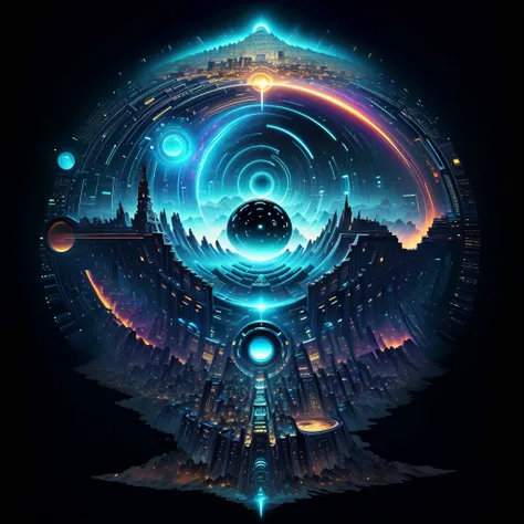 a close up of a circular artwork with a city in the middle, symmetrical epic fantasy art, greg beeple, fractal thunder dan mumford, 4k highly detailed digital art, detailed fantasy digital art, sci-fi digital art, epic fantasy sci fi illustration, multiver...