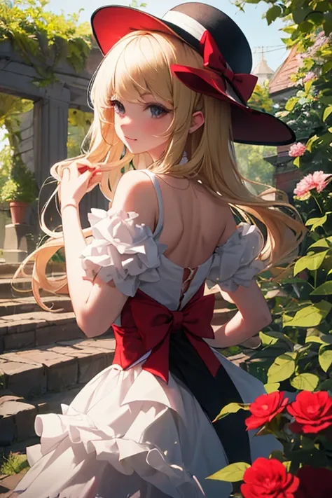 in a sunlit garden, a blonde woman stands with elegance and grace. her attire showcases her impeccable style, and perched upon h...