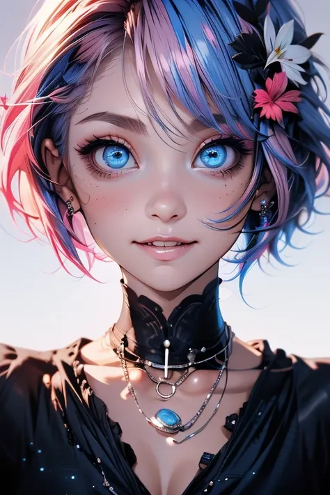 crazy face of women, eyes blue, expressive eyes, looking at viewer, long sleeves, necklace, crazy face, crazy eyes, crazy smile, short pink hair, pretty face, latina facial features, medium breasts