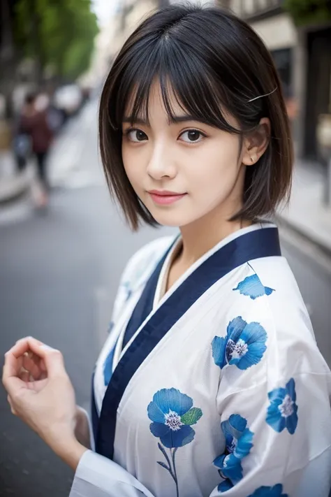 (highest quality, 16k, masterpiece: 1.3)), 1 girl, sharp focus: 1.2, beautiful woman with perfect figure: 1.4, thin abs: 1.2, (((short bob hair)), ((small: 1.4)), ((Beautiful Face Idol: 1.3)), (Transparent fabric kimono 1.5)), Highly detailed face and skin...