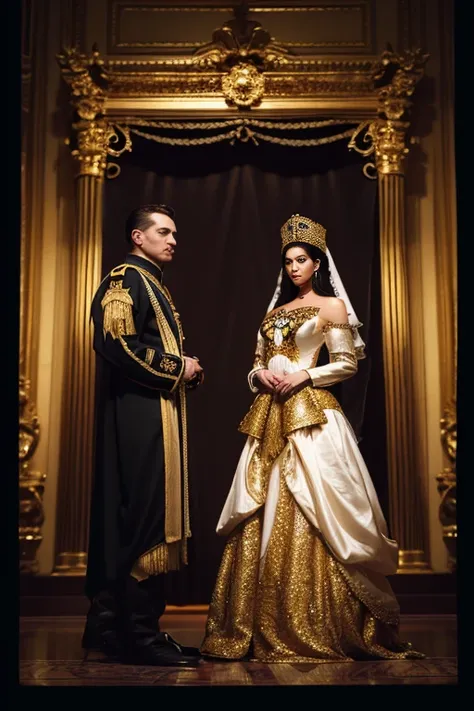 Costumed Alafed woman and costumed man, Maciej Cusiaras style, Kim Kardashians film still, dressed like an emperor, Die Antwards music video, ornate cosplay, god of the galaxy, Production photo, 70mm film screenshot, Google Arts and Cultures, 2 0 1 5 taken...