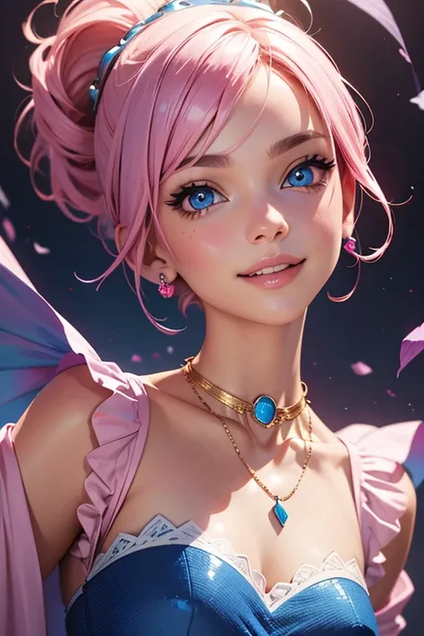 beatiful women, eyes blue, expressive eyes, looking at viewer, long sleeves, necklace, sexi smile, short pink hair, pretty face, latina facial features, medium breasts, digital illustration, comic style